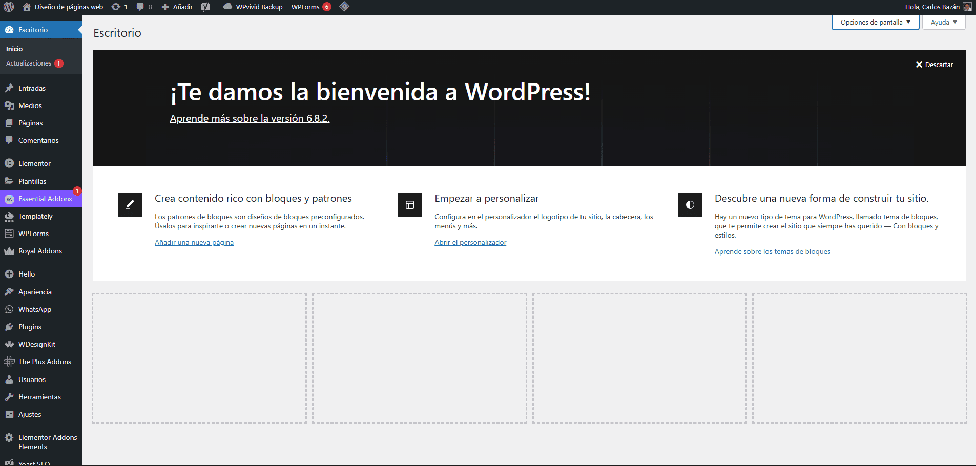 Captura del panel de bienvenida de WordPress tras una instalación exitosa en hosting, mostrando los bloques de introducción, personalización y guía de uso. A la izquierda se observa el menú lateral con herramientas esenciales como Entradas, Páginas, Elementor y Plugins, representando el punto de partida para principiantes que desean crear y administrar su sitio web.