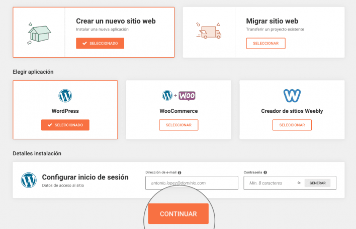 Crear un nuevo sitio web