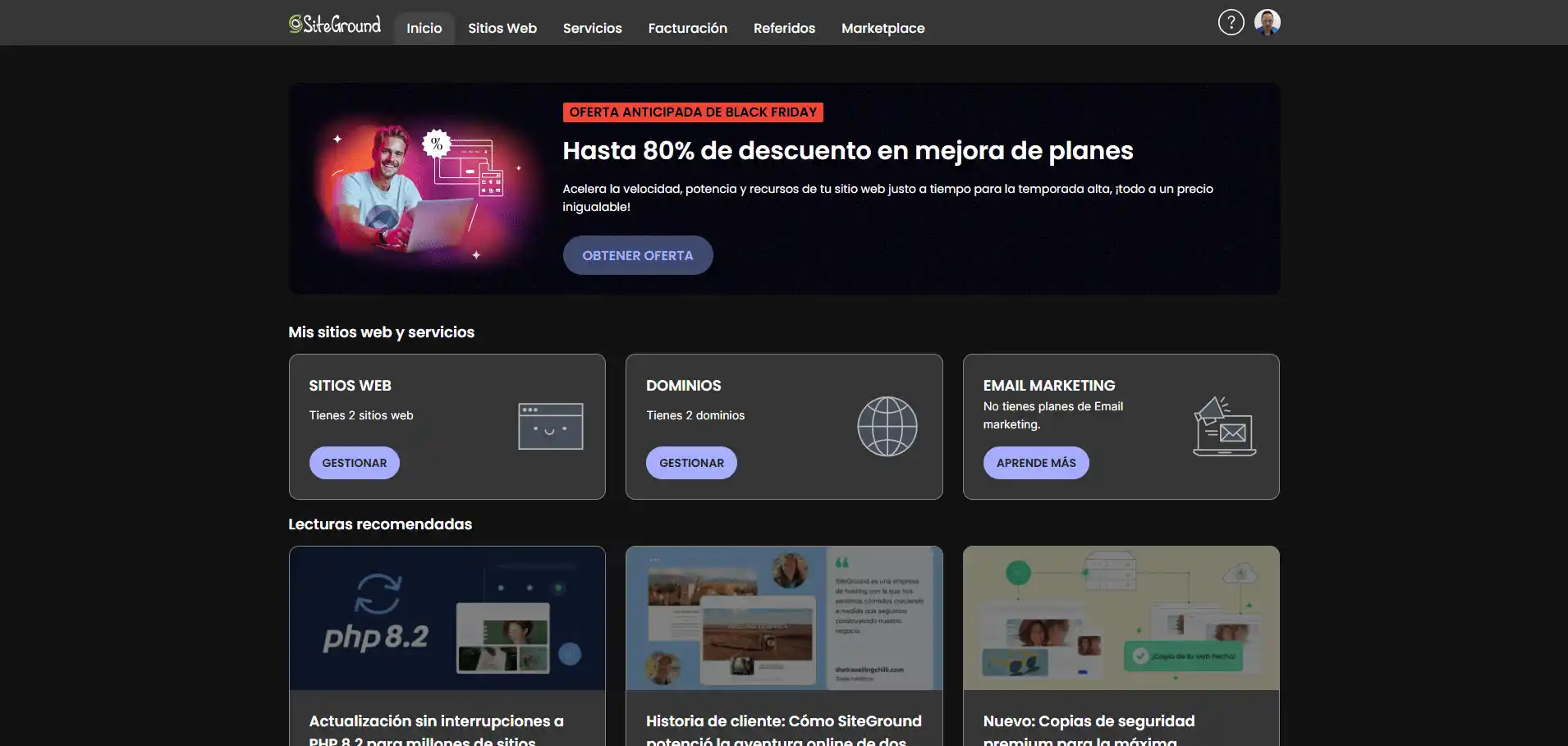 Panel de inicio Siteground