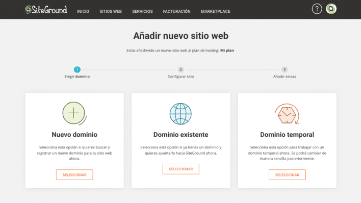 Selecciona el dominio que quieres utilizar con tu nueva instalación